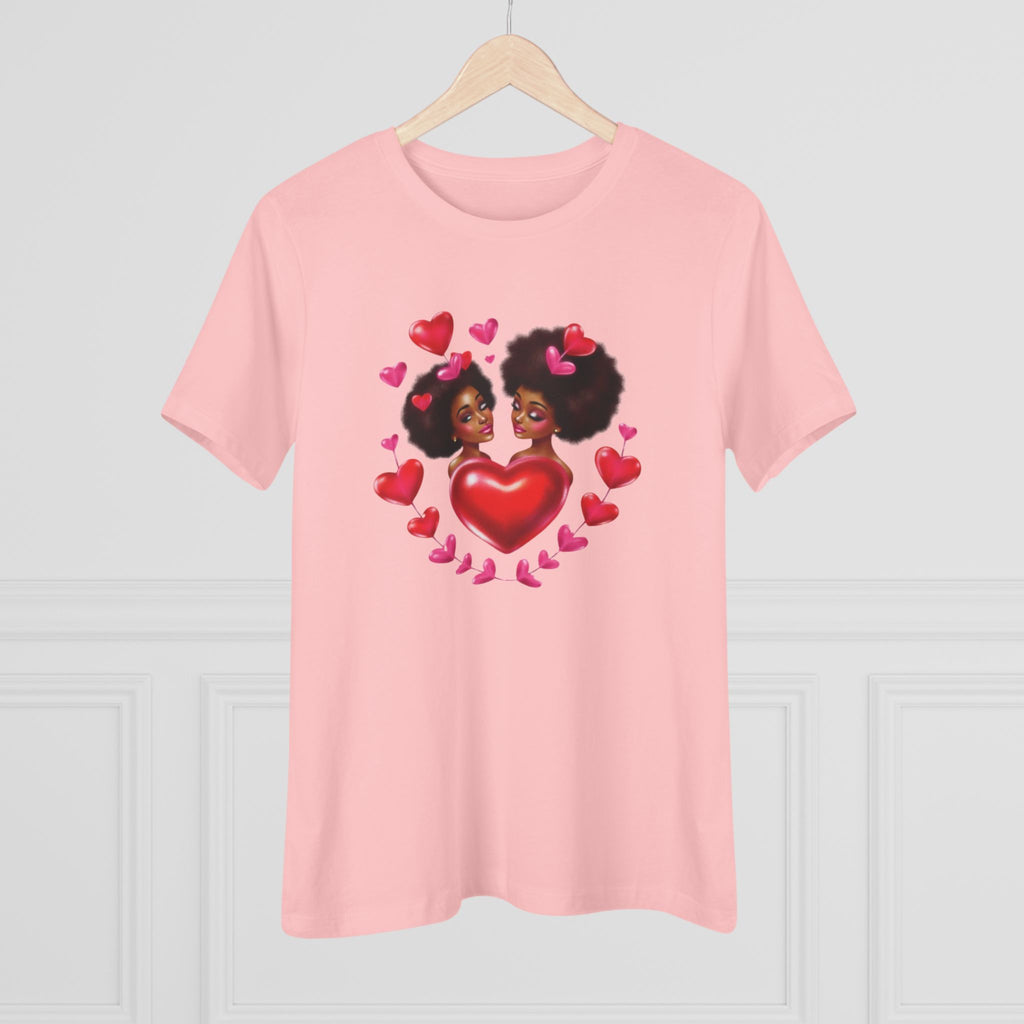 Afro Love Heart Cotton Tee - Black Sisters Valentine's Graphic Shirt for Women