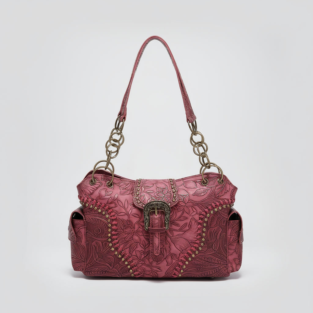 Floral Embossed Underarm Bag - Retro Satchel with Rivet Details for Women
