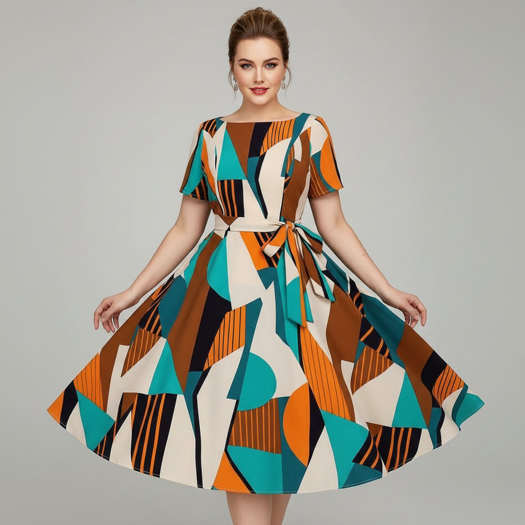 Colorful geometric patterned dress on a white background
