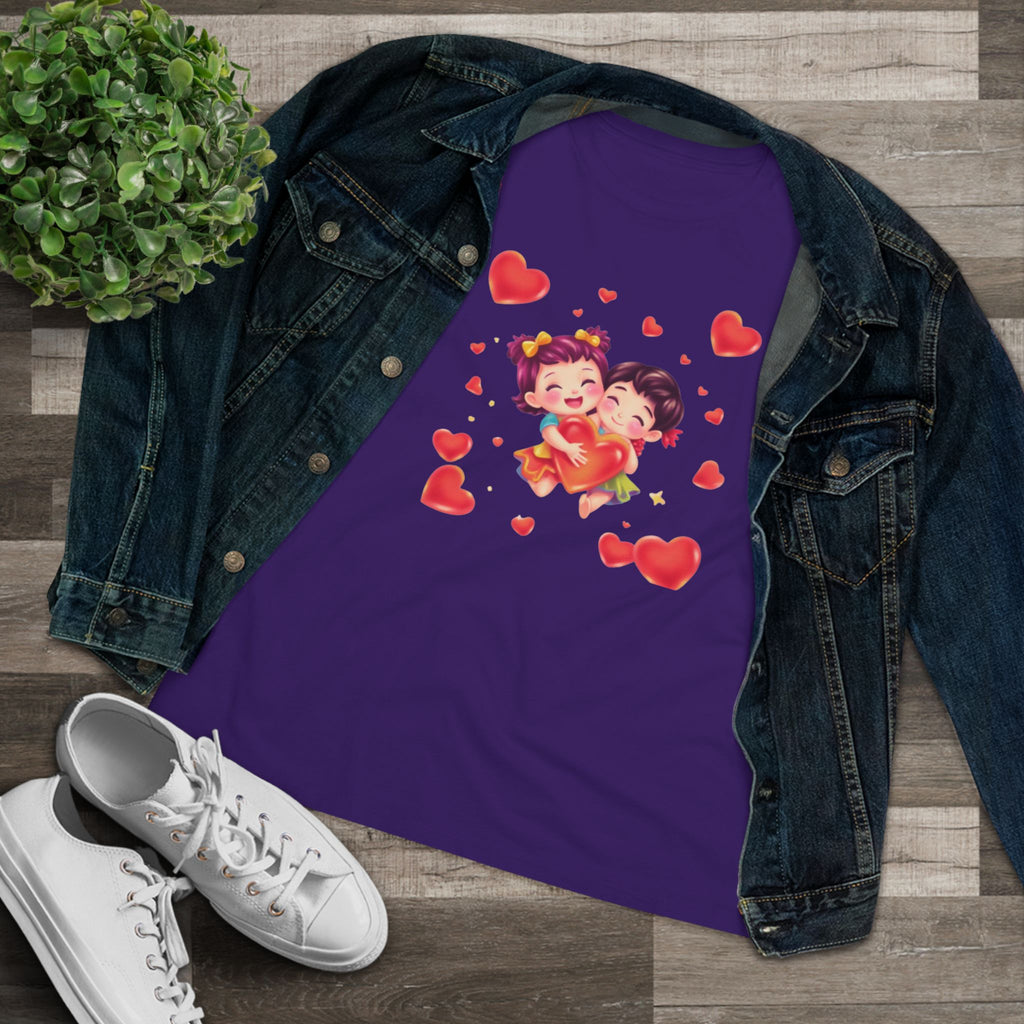 Cute Couple Heart Cotton Tee - Valentine's Love Graphic Shirt for Women