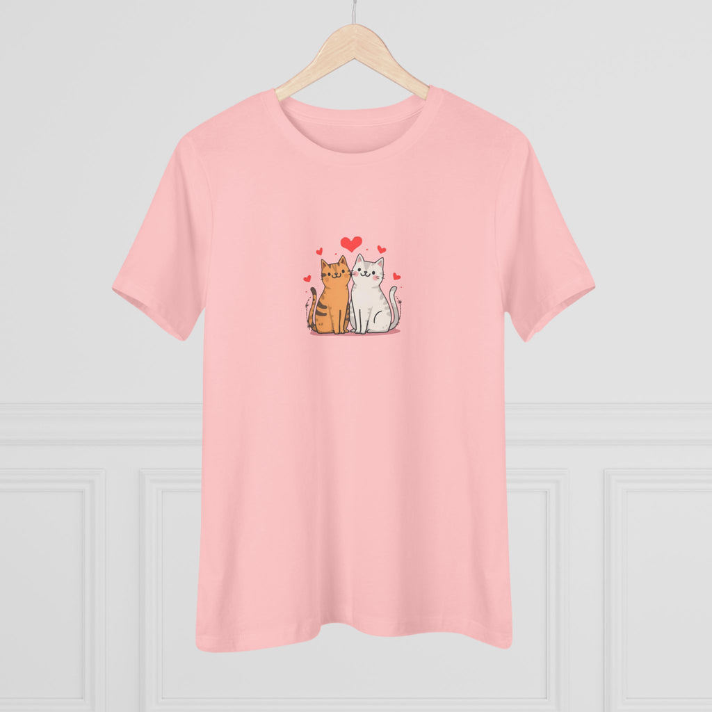 Cat Couple Cotton Tee - Cute Cats with Hearts Valentine's Shirt for Women