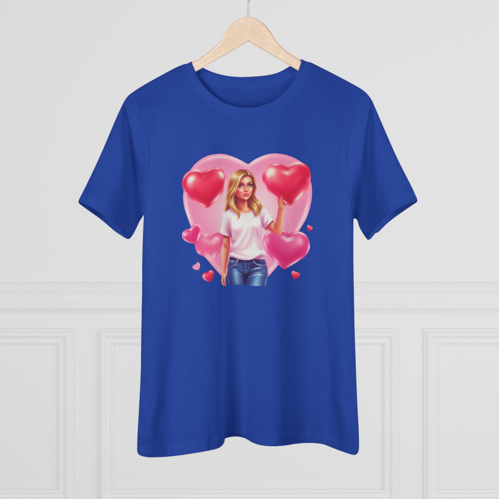 Heart Balloon Cotton Tee - Girl with Pink Heart Balloons Graphic Shirt for Women