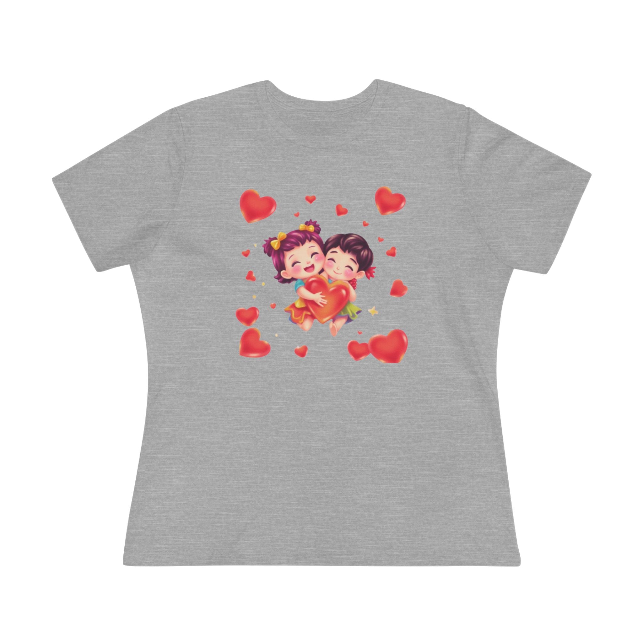 Gray t-shirt with cartoon characters and red hearts on a white background