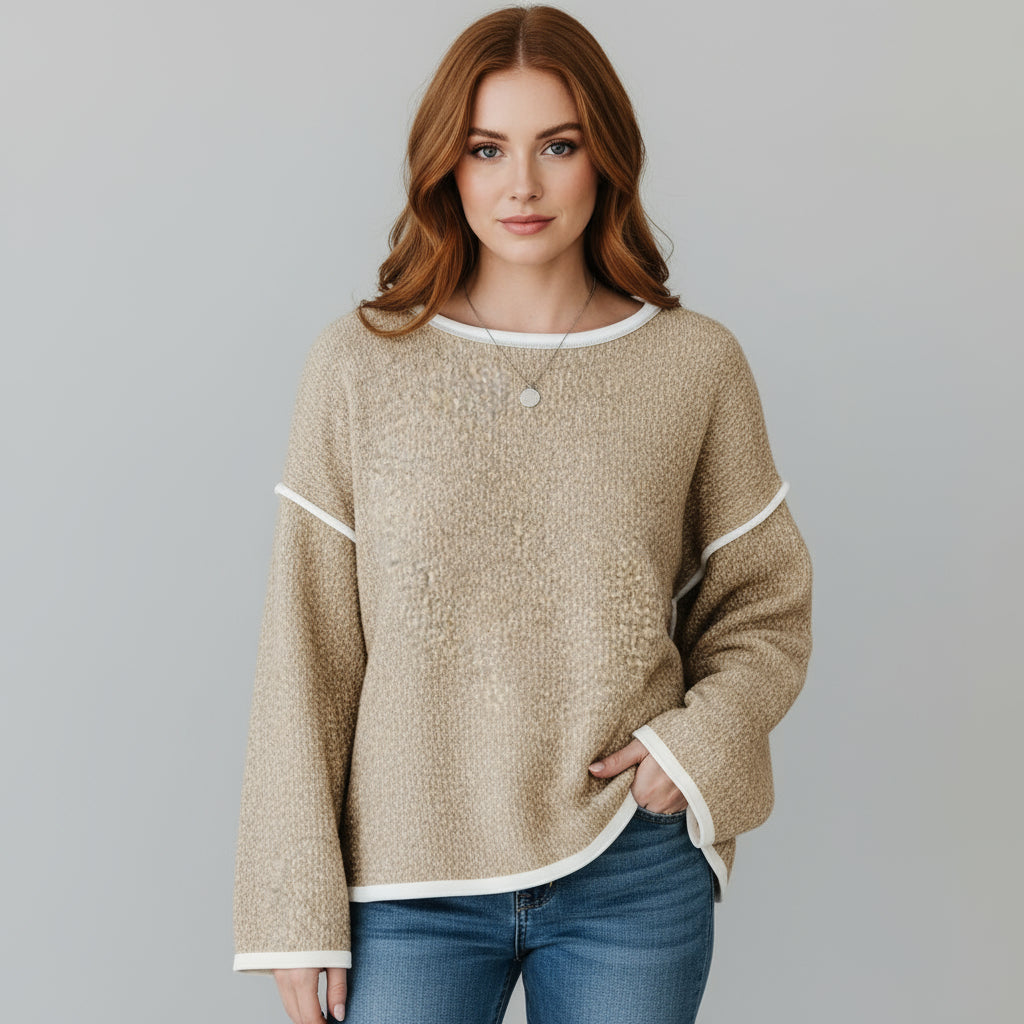 Color Block Sweater - Cozy Long Sleeve Pullover with Contrast Trim for Women
