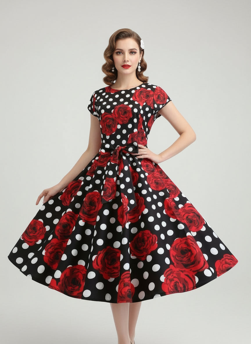 Dress with red rose and white polka dot pattern on a white background
