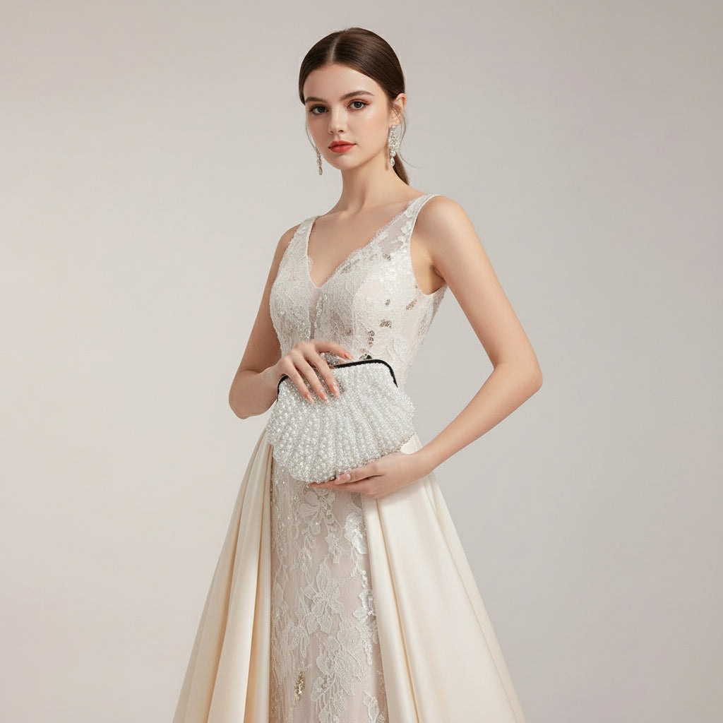 Pearl-handled clutch bag held by a hand with pink nail polish on a light background