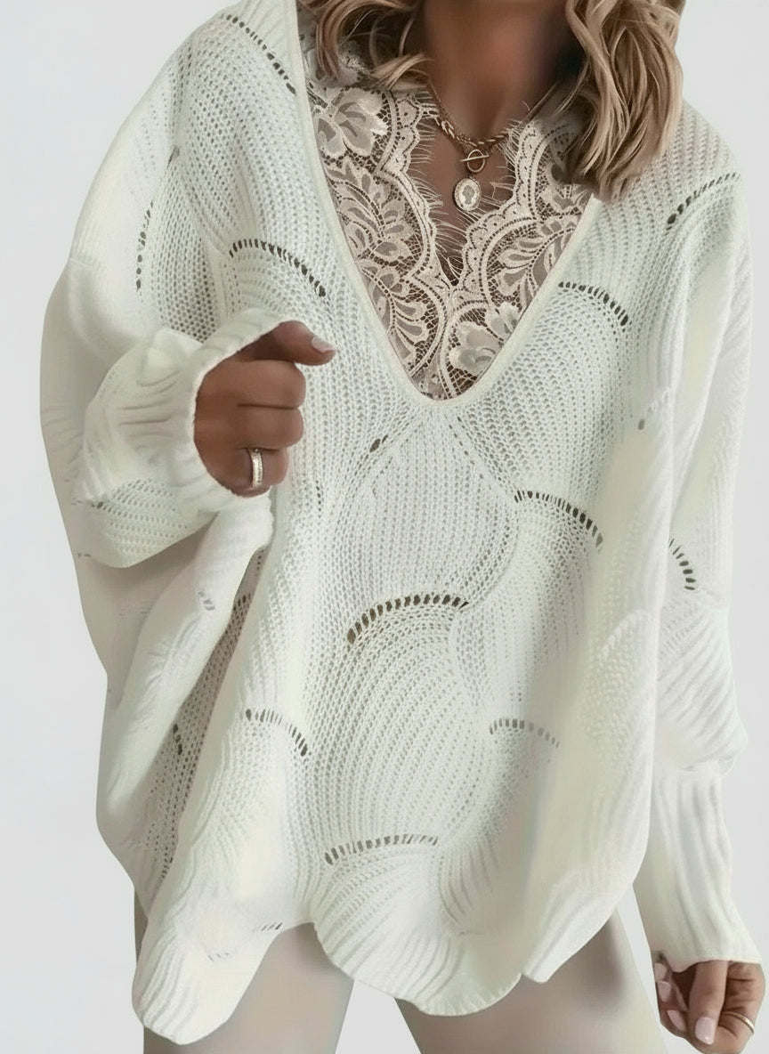 V-Neck Sweater with Lace Trim - Long Sleeve Button-Front Cardigan for Women