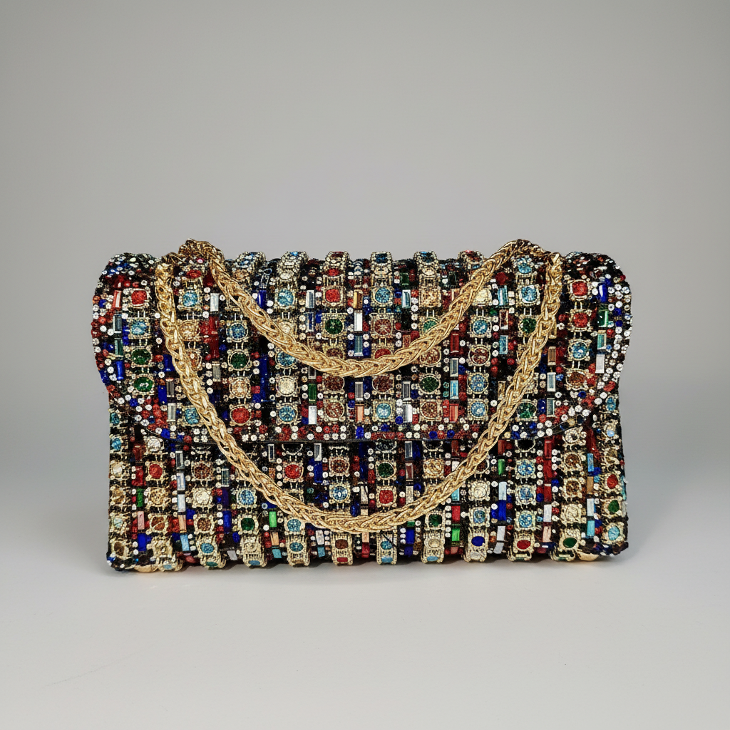 Multicolored beaded clutch bag with gold handle on a dark background