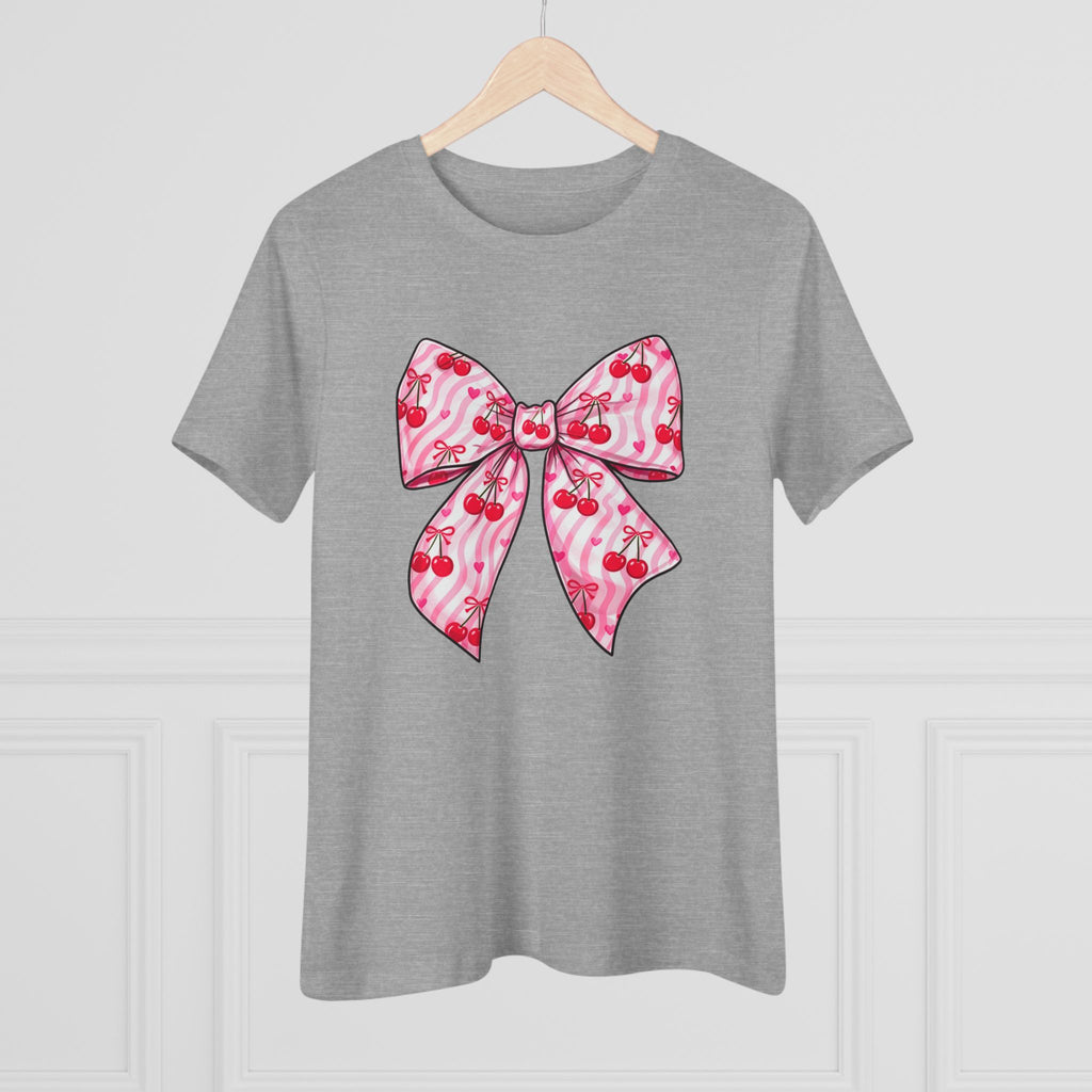 Pink Cherries Bow Women's Tee — Cute Tropical Ribbon Graphic Shirt
