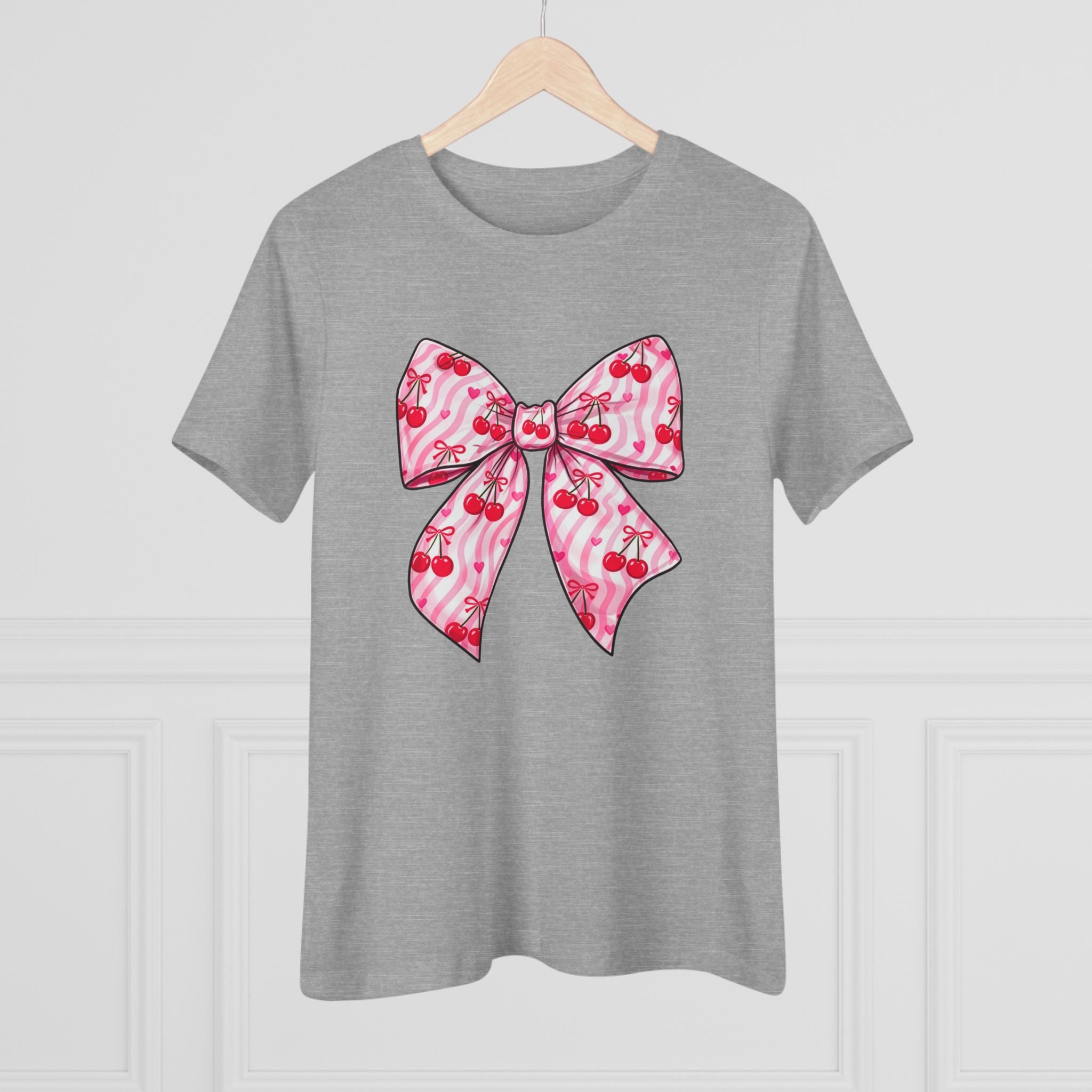 Pink Cherries Bow Women's Tee — Cute Tropical Ribbon Graphic Shirt