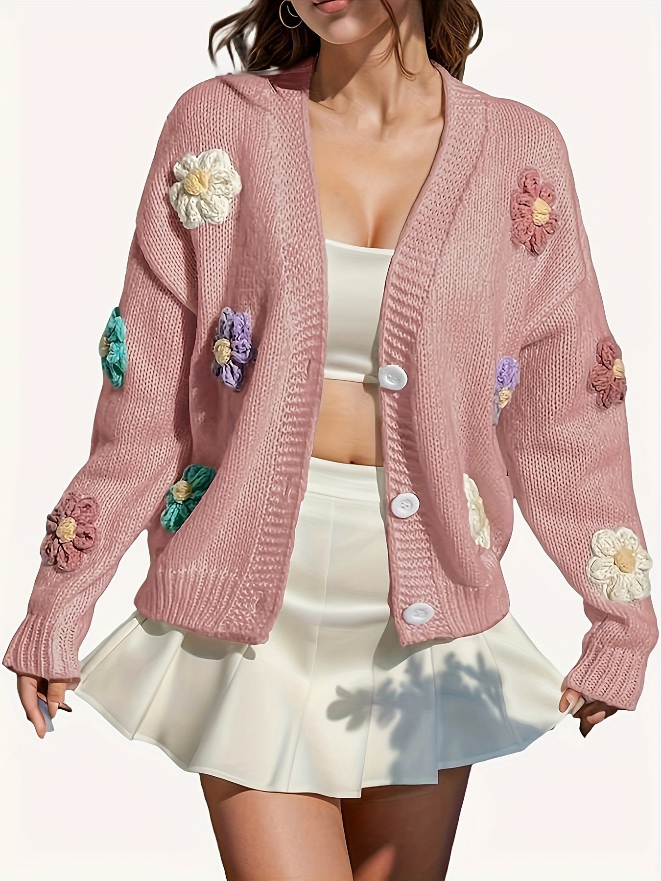 Pink Floral Cardigan - Handcrafted Embroidered Sweater for Women
