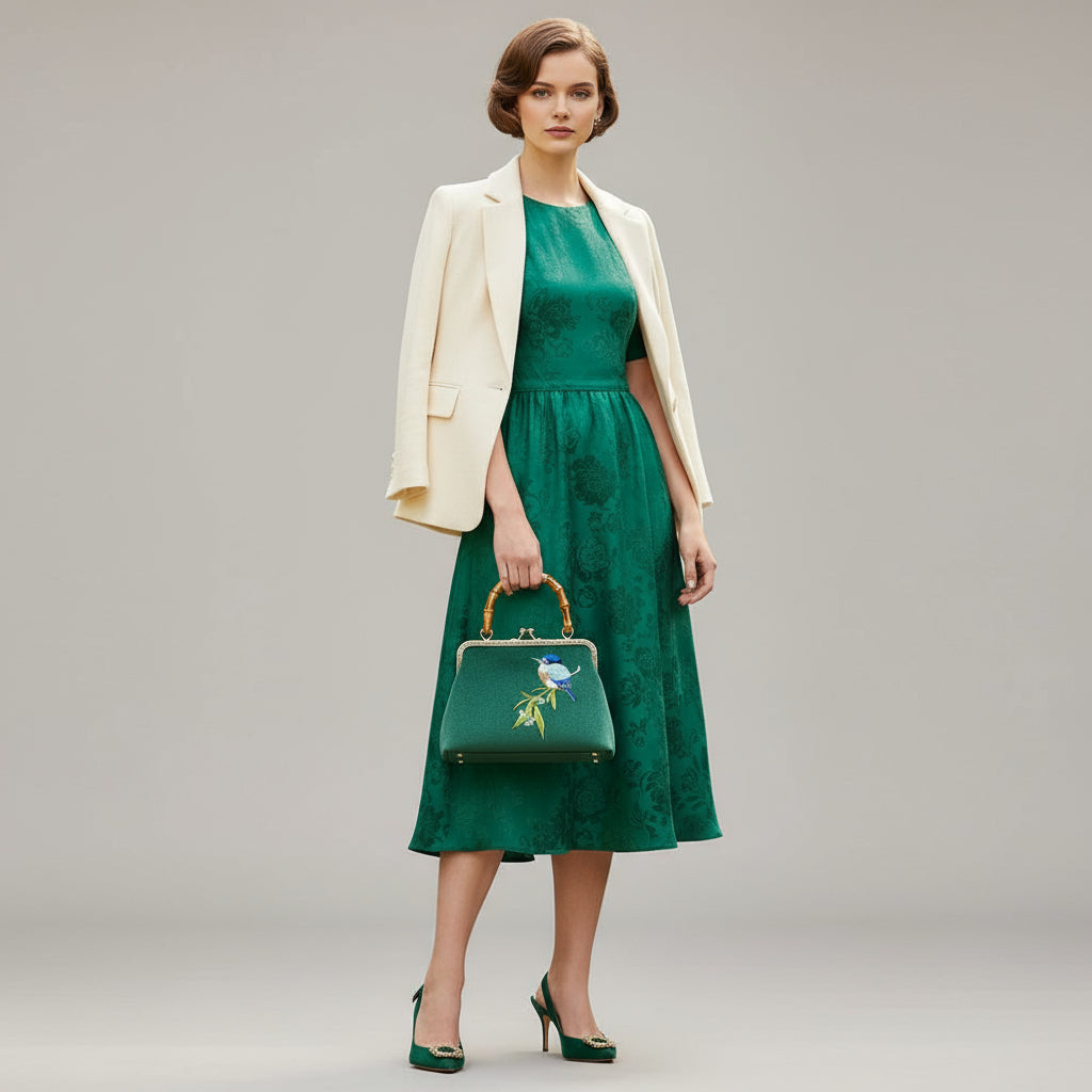 Green handbag with bird embroidery and bamboo handle on a white background