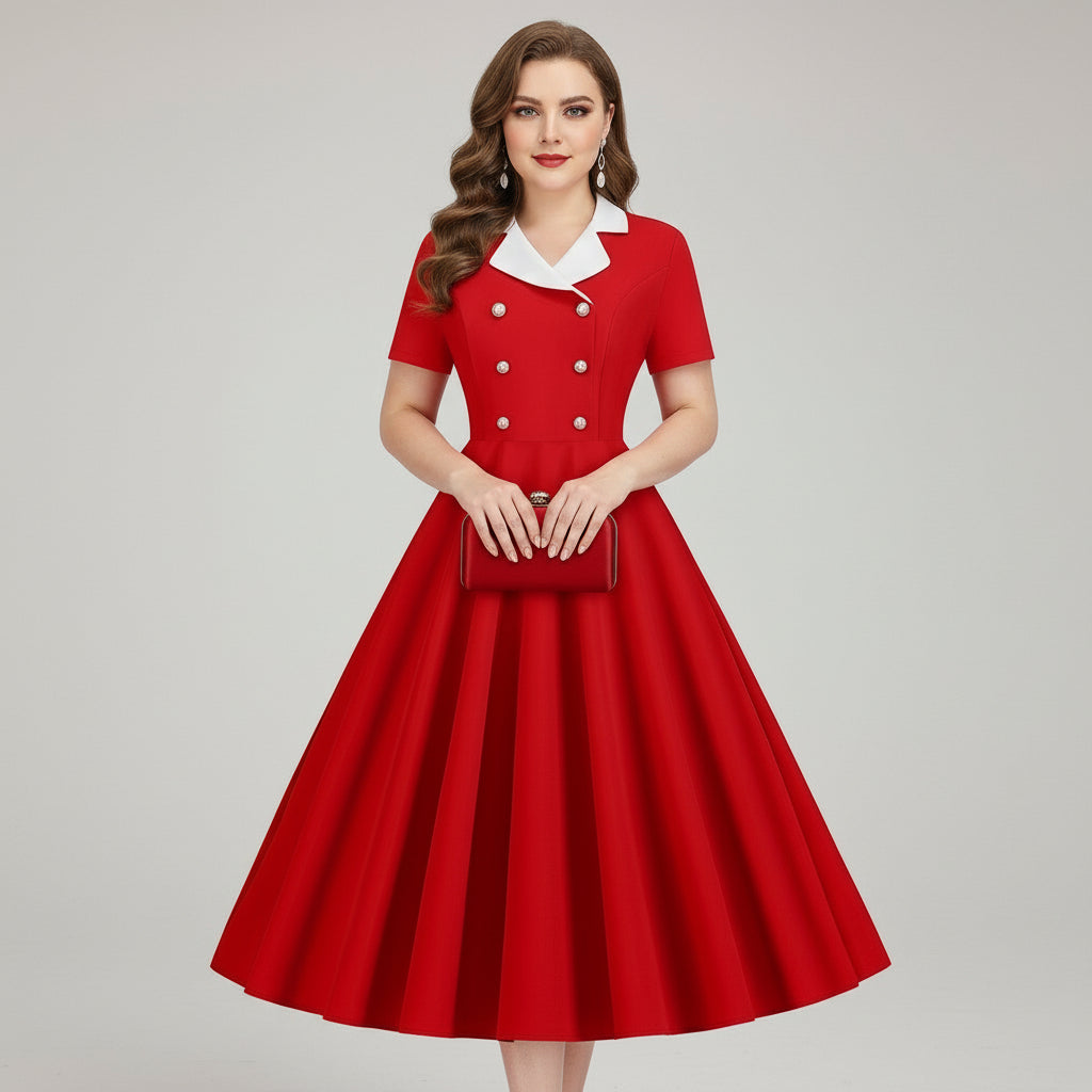 Red dress with white buttons on a white background