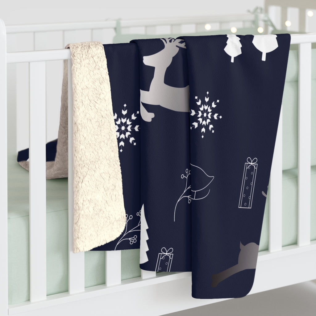 Navy Christmas Reindeer & Snowflake Sherpa Fleece Blanket