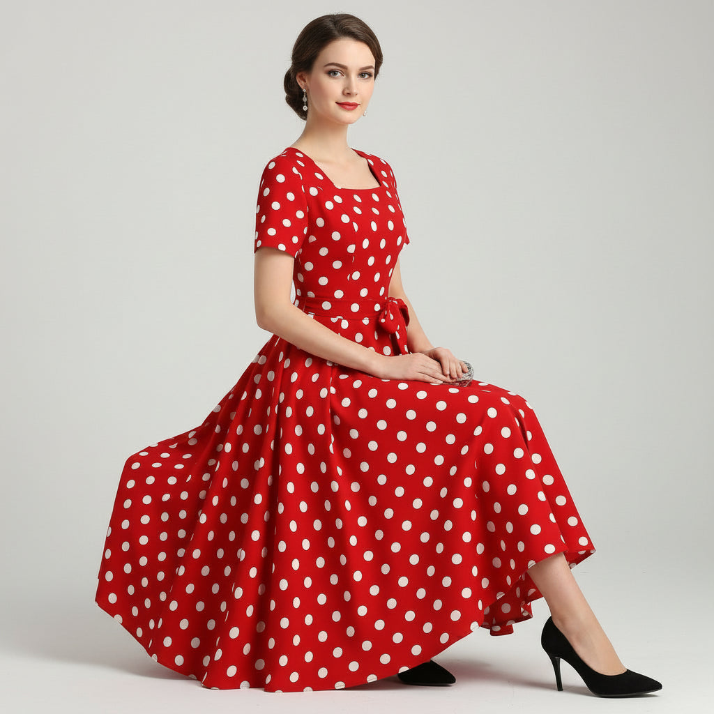 Red dress with white polka dots on a white background