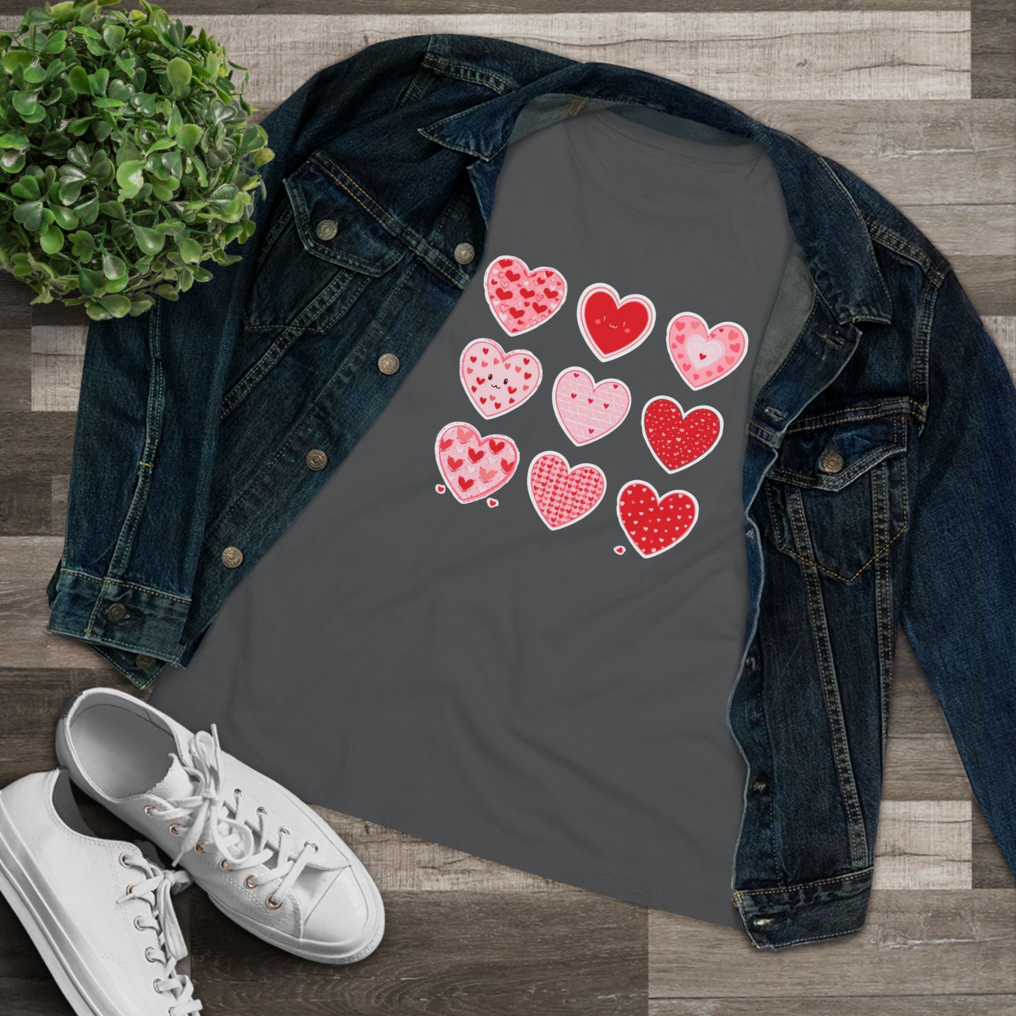 Heart Grid Cotton Tee - Pink & Red Hearts Graphic Shirt for Women