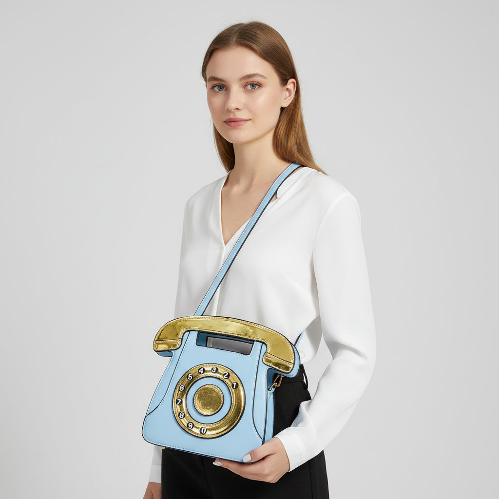 Phone-shaped handbag with gold accents held by a person against a light blue background