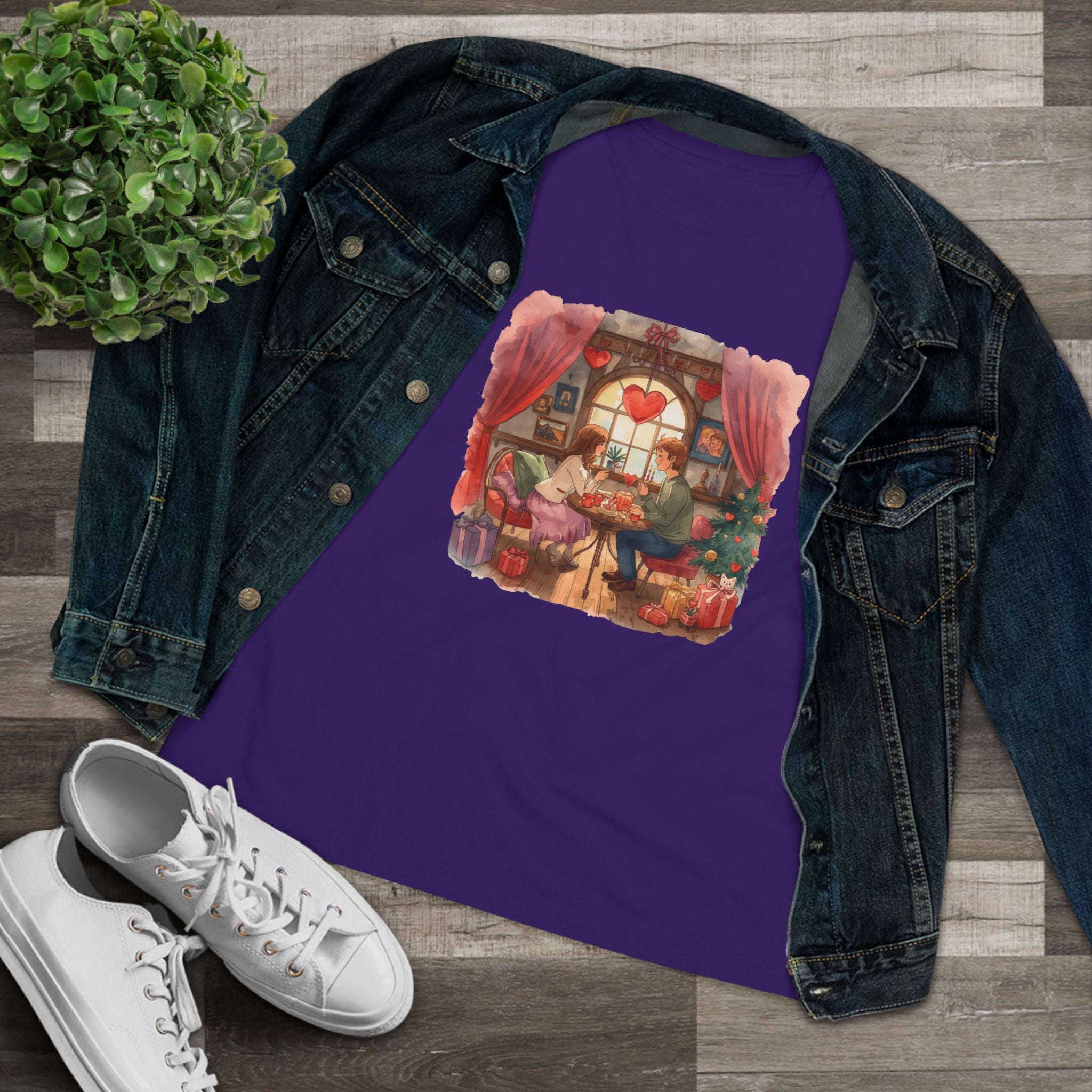Cozy Tea Room Cotton Tee - Romantic Heart Window Illustration Shirt for Women