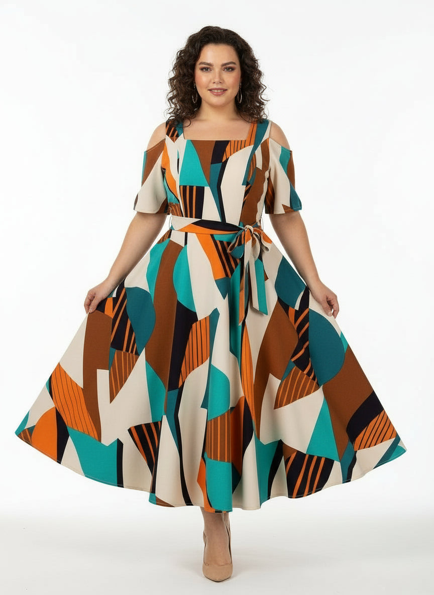 Geometric Print Belted Dress - Casual Square Neck Summer Dress for Women