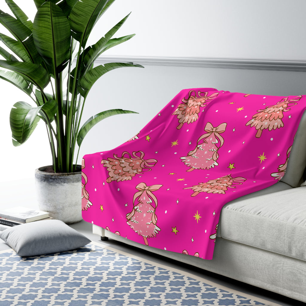 Pink Christmas Tree & Bow Sherpa Fleece Blanket