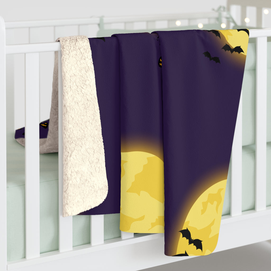 Halloween Moon Sherpa Blanket — Full Moon Bats & Jack-O’-Lanterns Fleece Throw