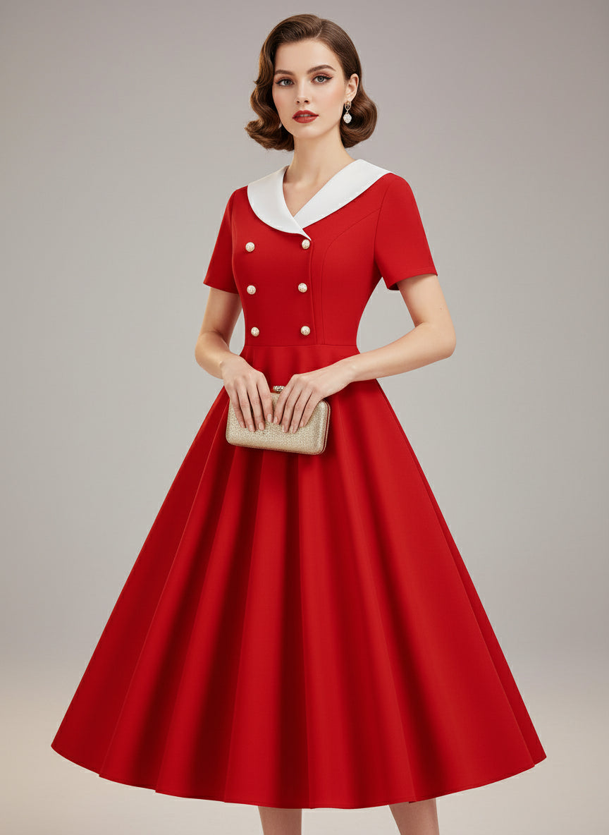 Red dress with white collar and buttons on a white background