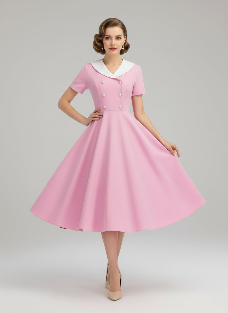 Pink dress with white collar and buttons on a white background