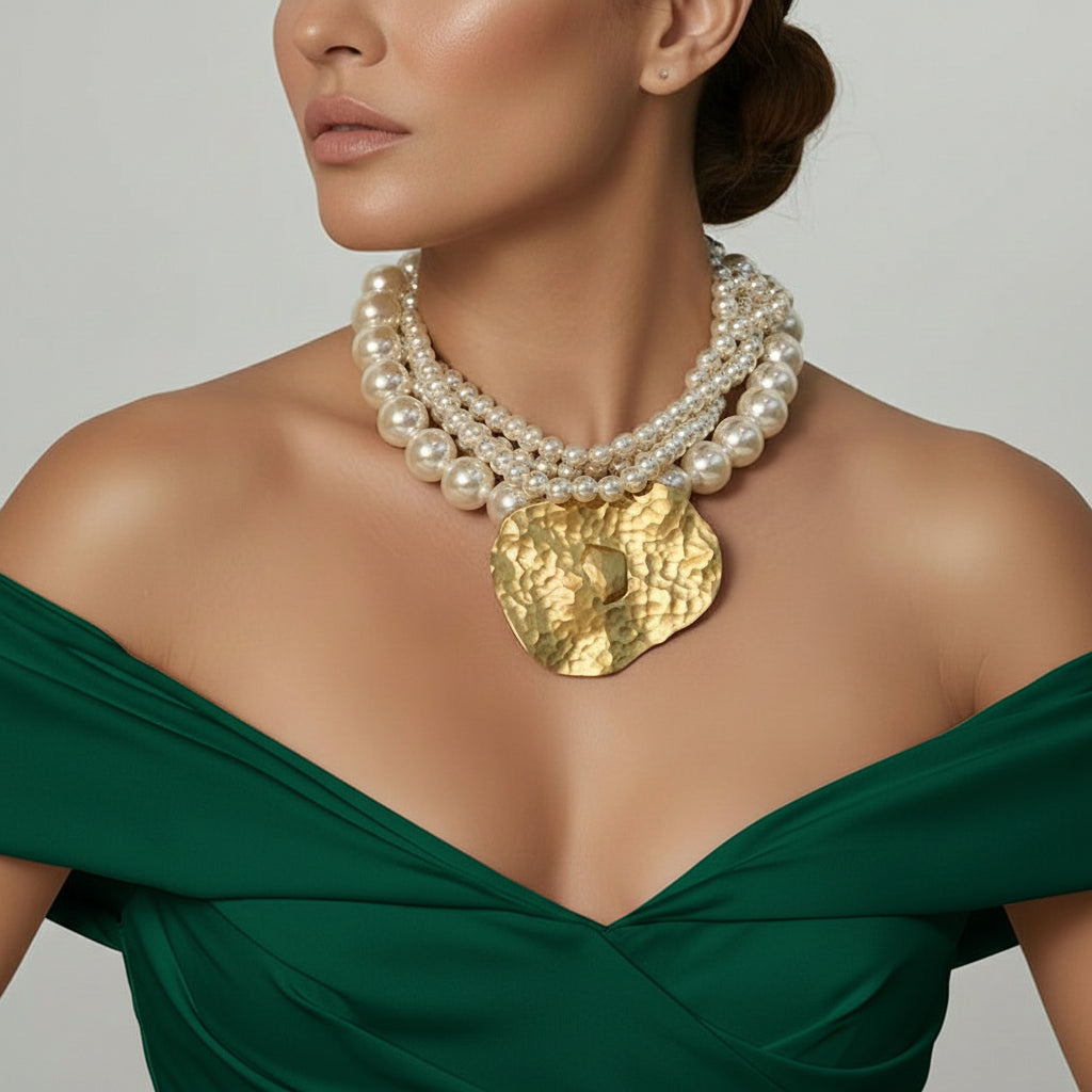 Woman wearing a pearl necklace with a gold pendant on a gray background