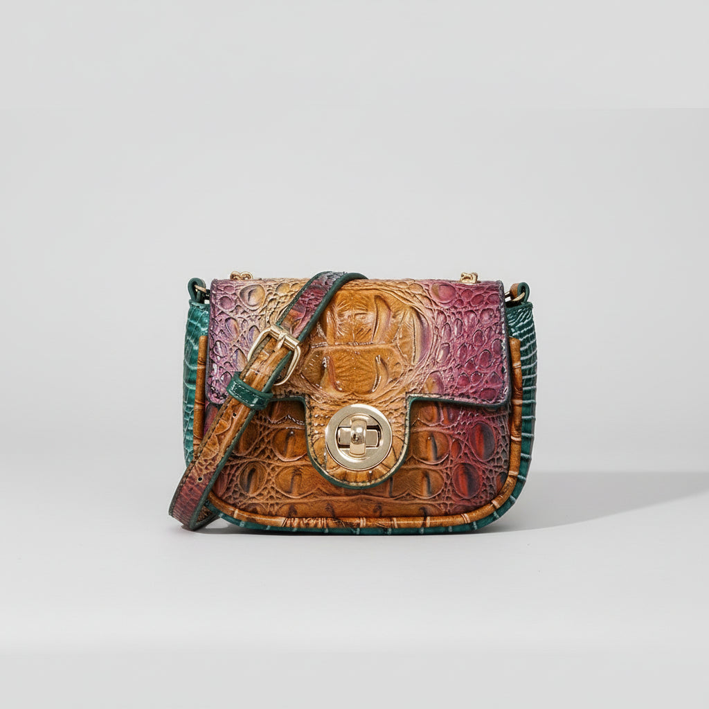 Multicolored textured handbag on a wooden surface with a dark background