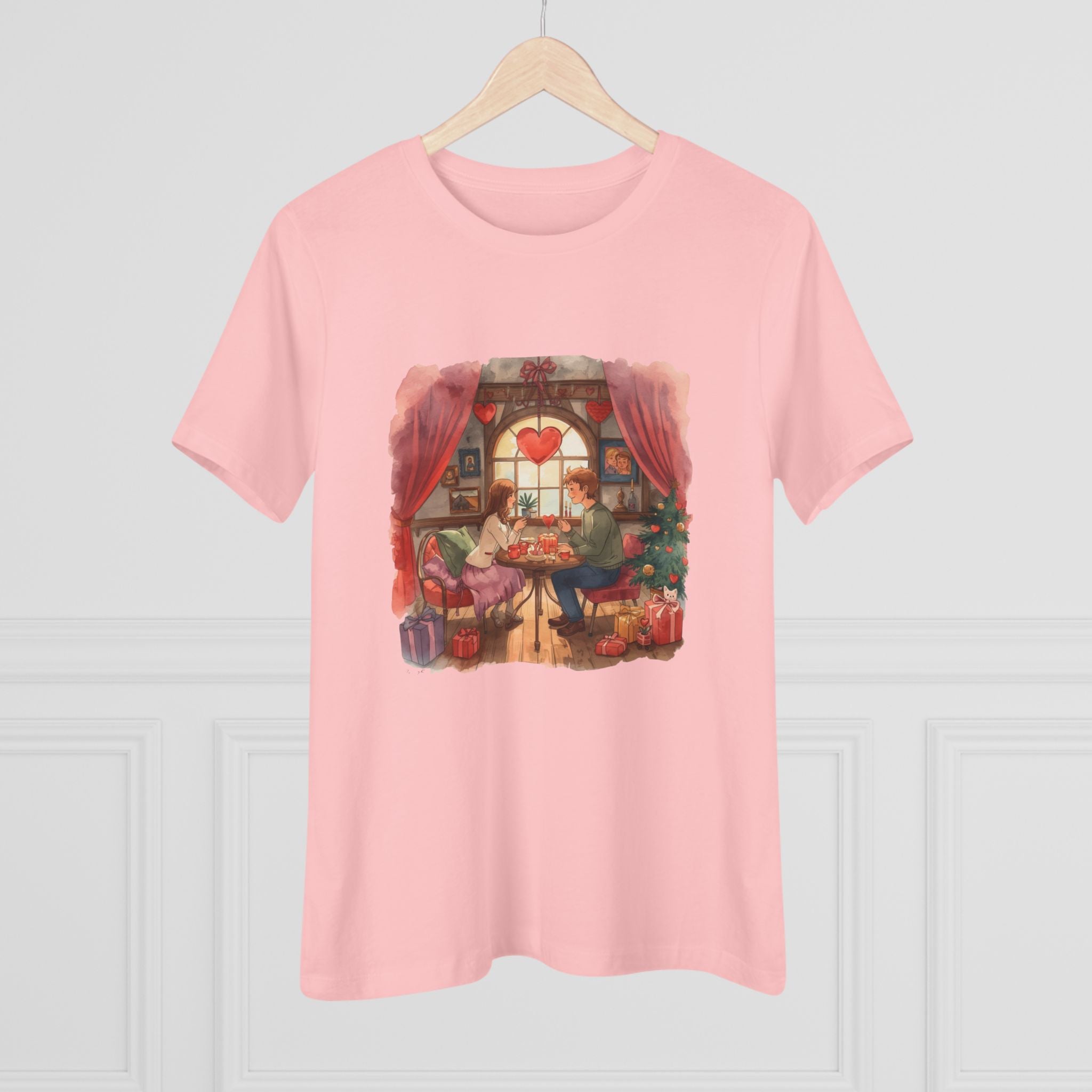 Cozy Tea Room Cotton Tee - Romantic Heart Window Illustration Shirt for Women