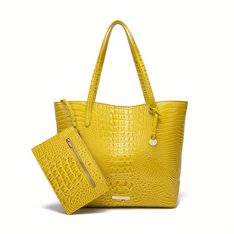 Crocodile Pattern Tote Bag Set with Clutch - 2-Piece Handbag for Women