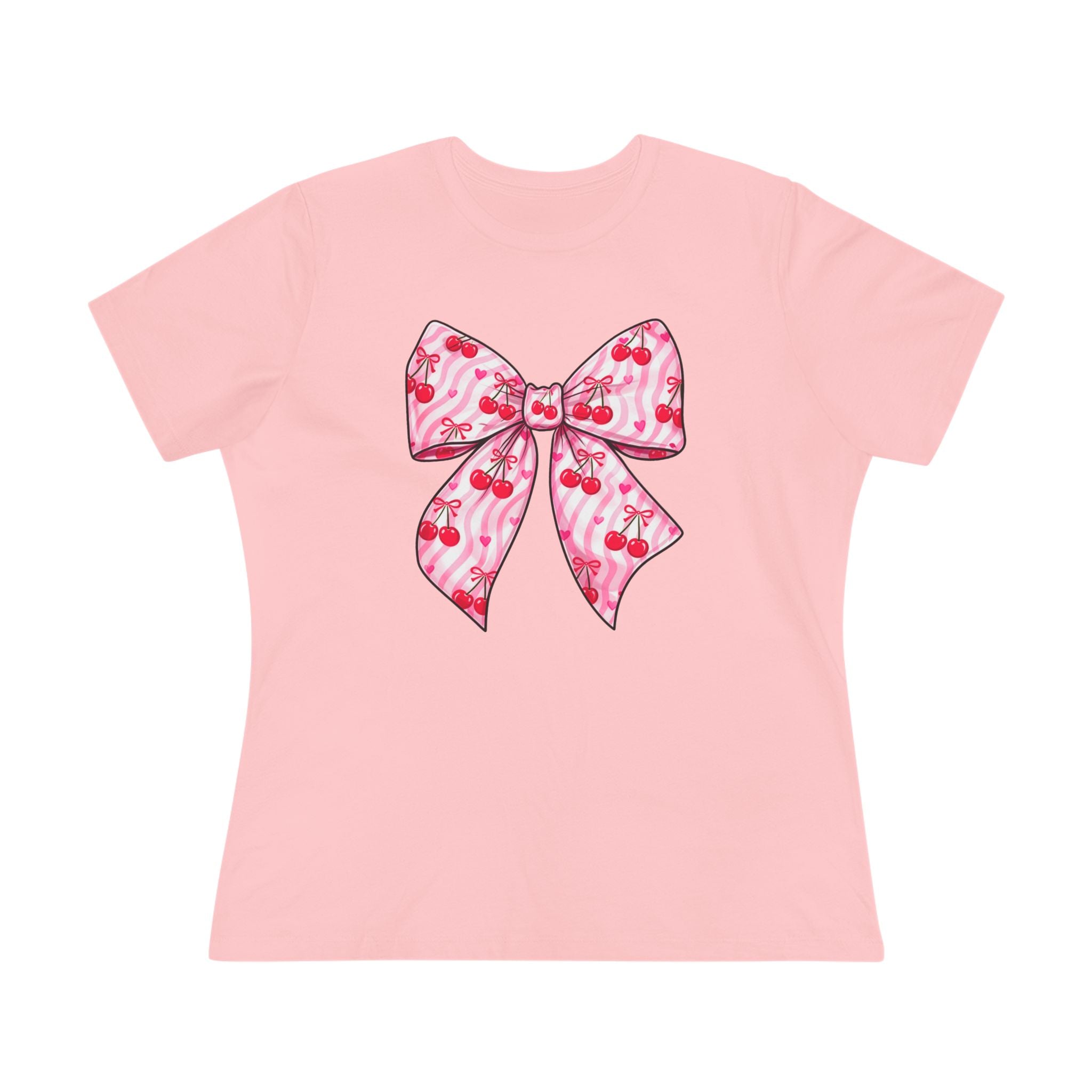 Pink Cherries Bow Women's Tee — Cute Tropical Ribbon Graphic Shirt