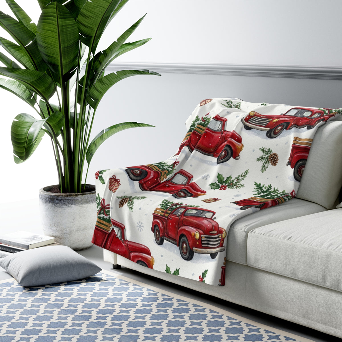 Vintage Red Christmas Truck Sherpa Fleece Blanket