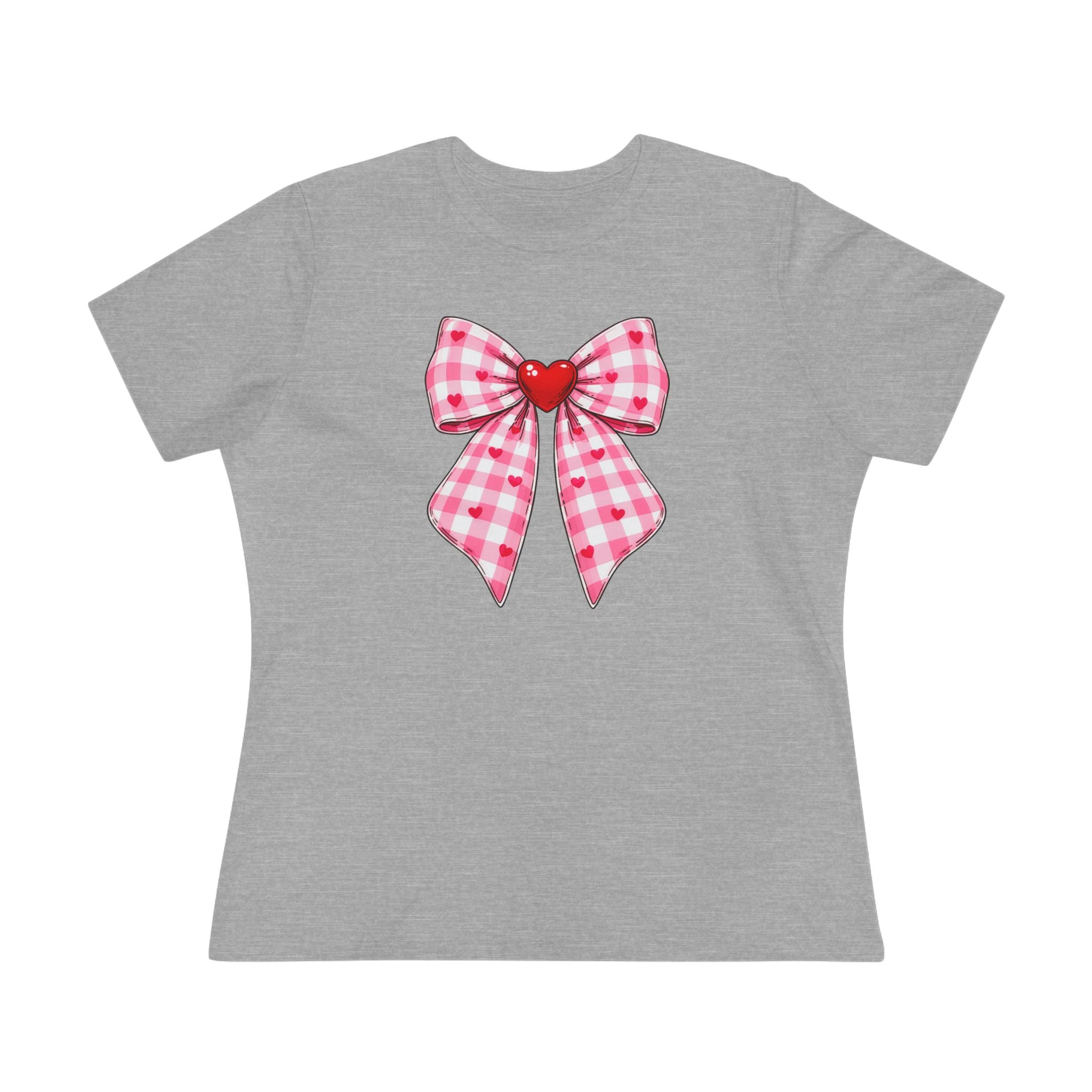 Gingham Heart Bow Cotton Tee - Pink Bow Valentine's Shirt for Women