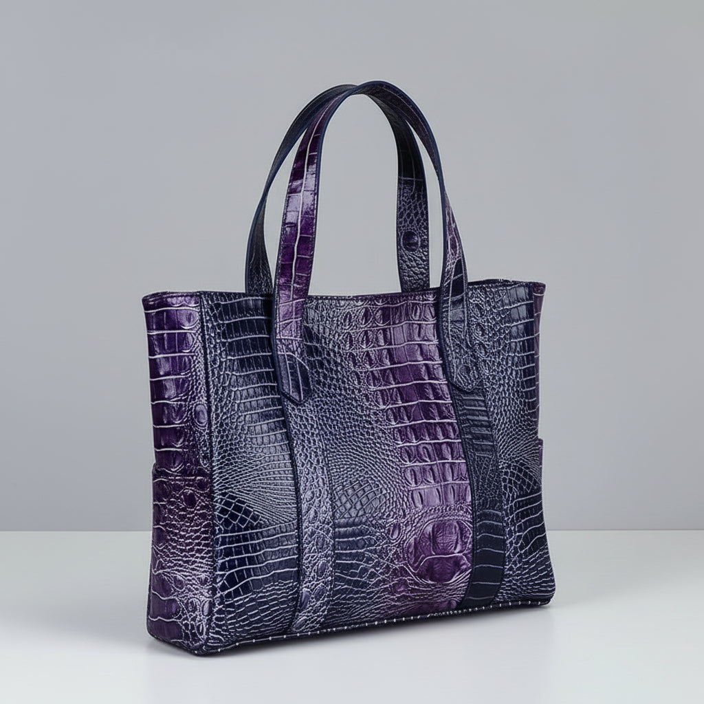 Purple textured tote bag on a white surface with a gray background