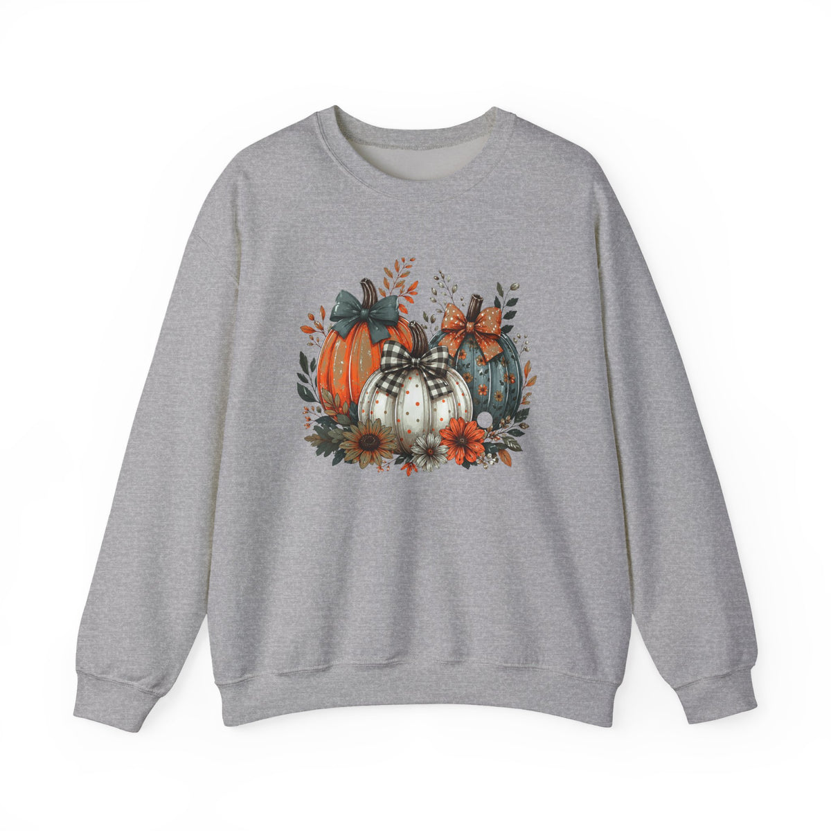 Autumn Pumpkin Trio Crewneck Sweatshirt — Fall Floral Thanksgiving Pullover