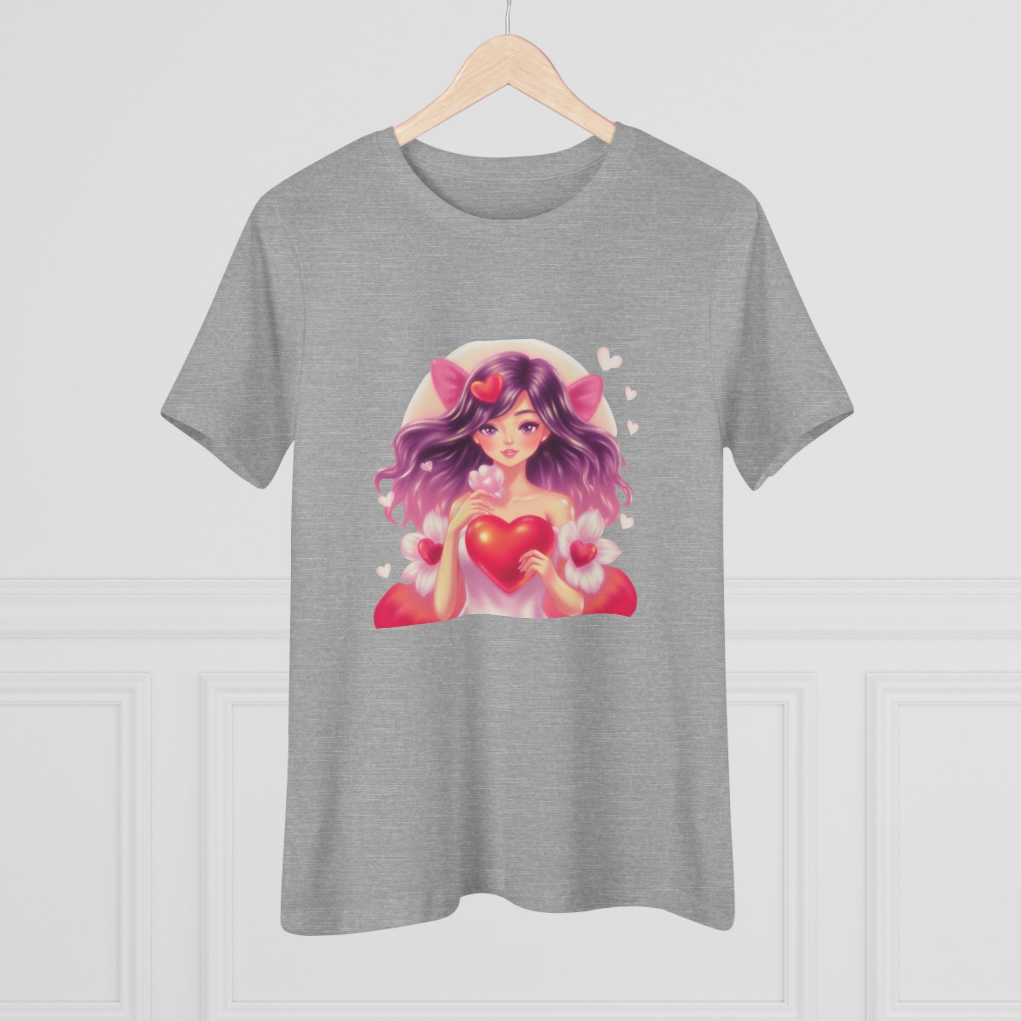 Cute Anime Girl Cotton Tee - Kawaii Heart Valentine's Shirt for Women