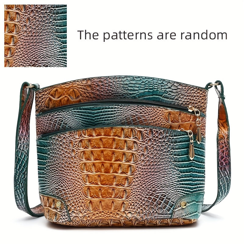 Multicolored textured handbag with a close-up of the pattern on a white background.