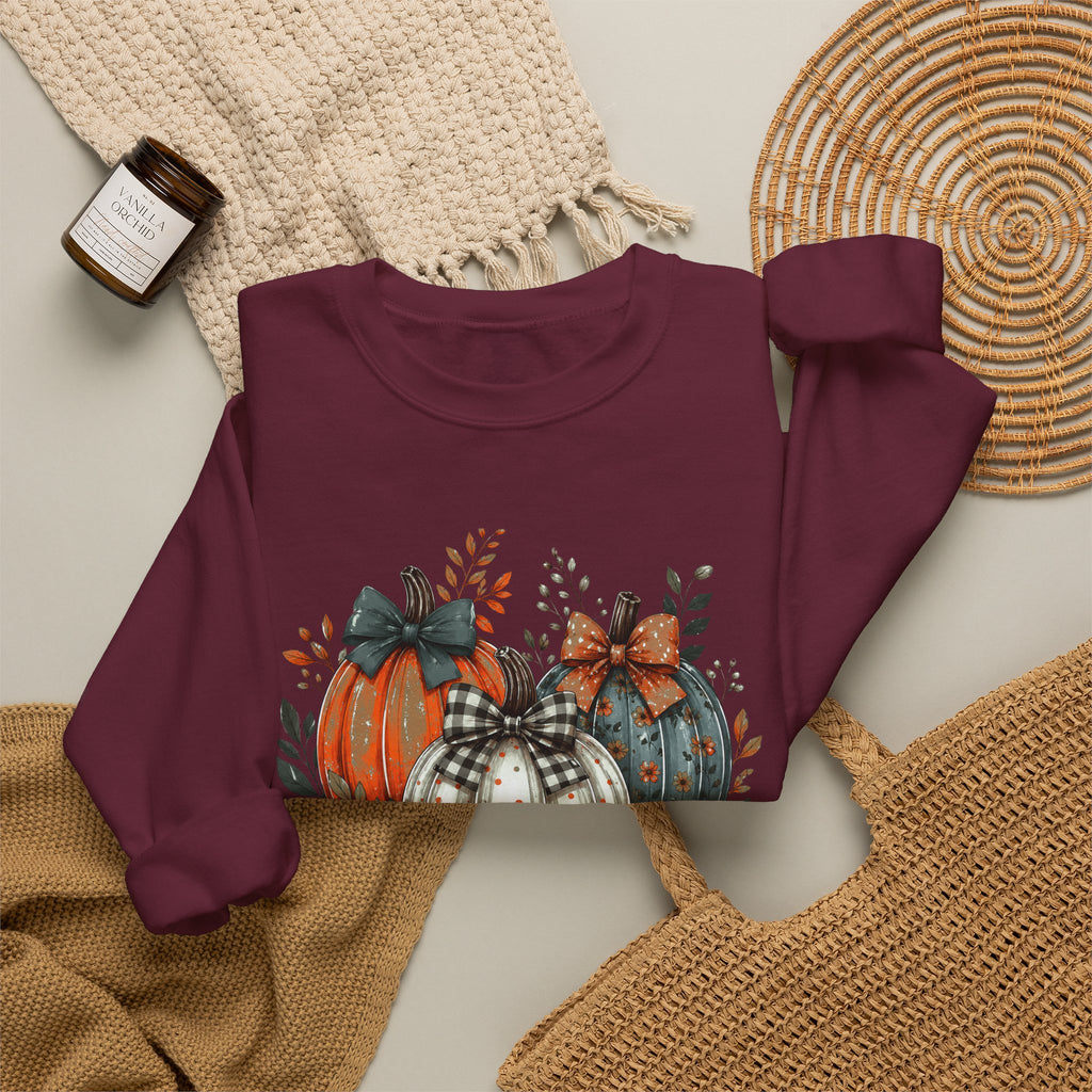 Autumn Pumpkin Trio Crewneck Sweatshirt — Fall Floral Thanksgiving Pullover