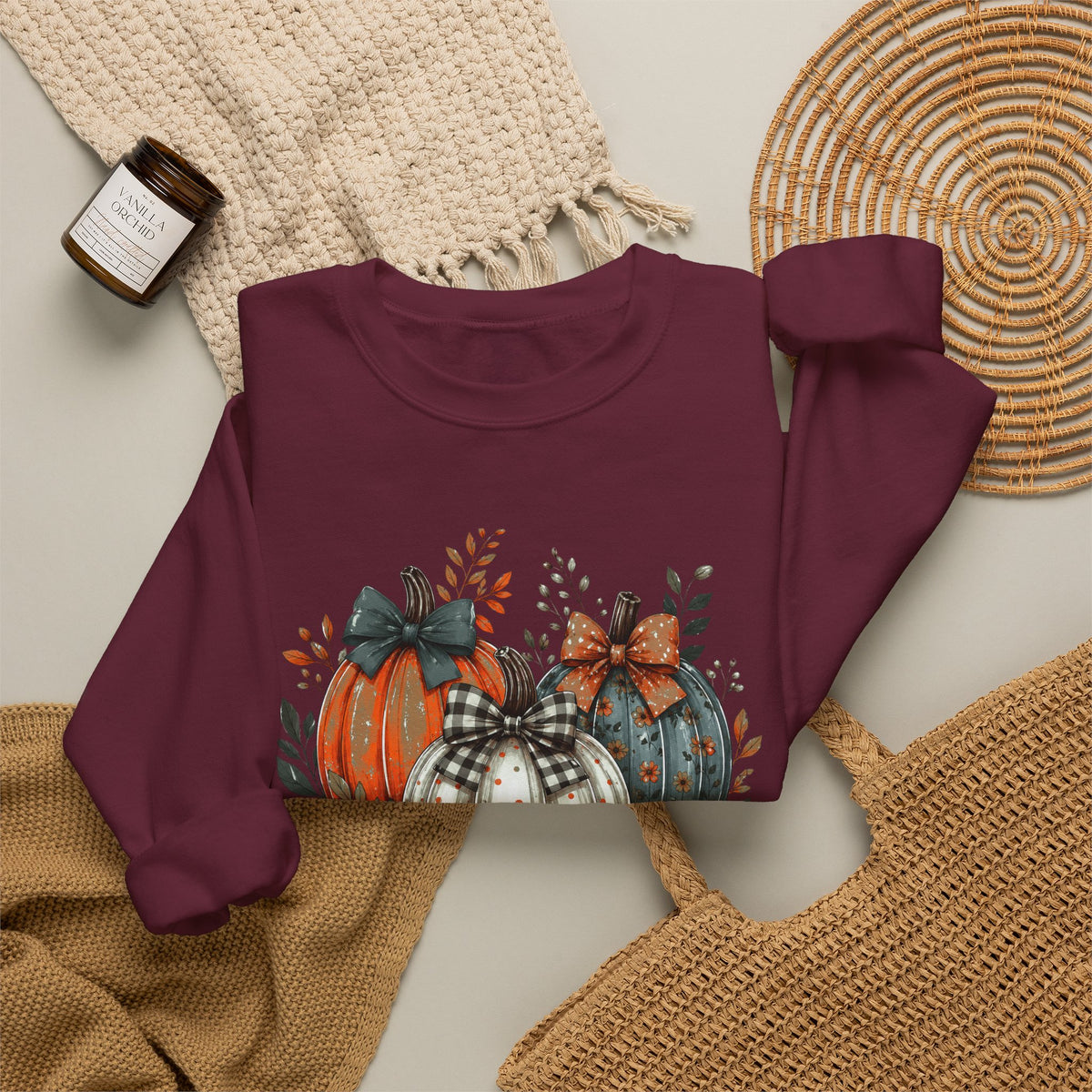 Autumn Pumpkin Trio Crewneck Sweatshirt — Fall Floral Thanksgiving Pullover