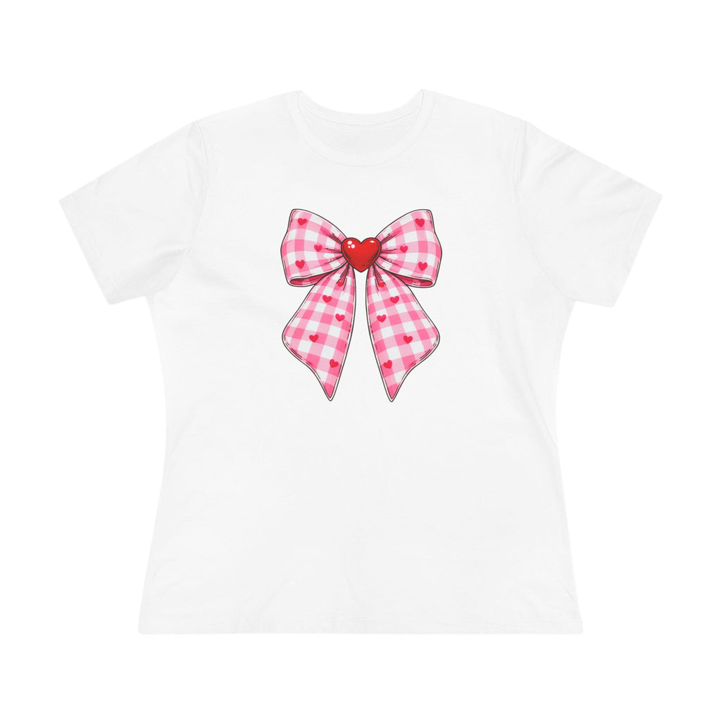 Gingham Heart Bow Cotton Tee - Pink Bow Valentine's Shirt for Women