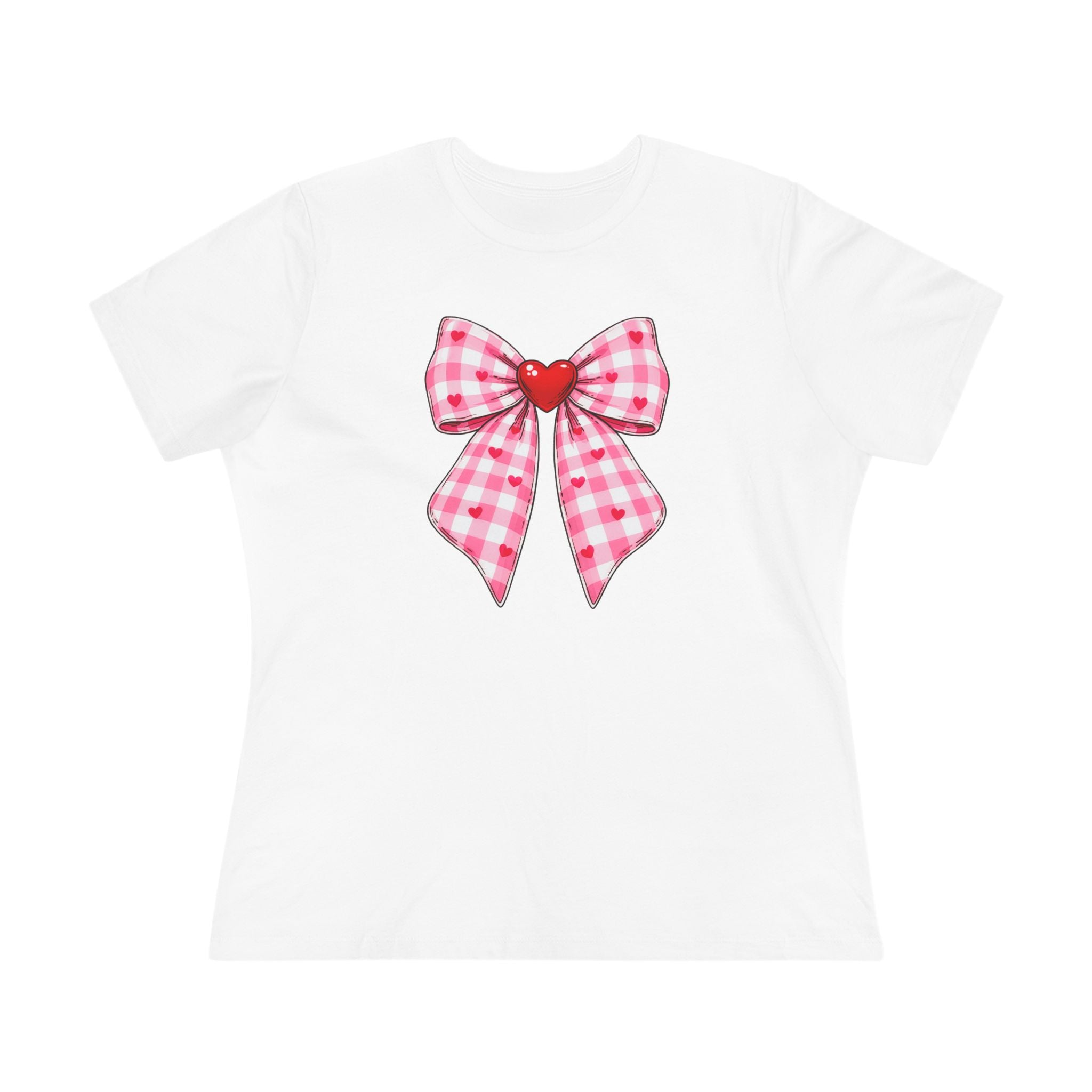Gingham Heart Bow Cotton Tee - Pink Bow Valentine's Shirt for Women