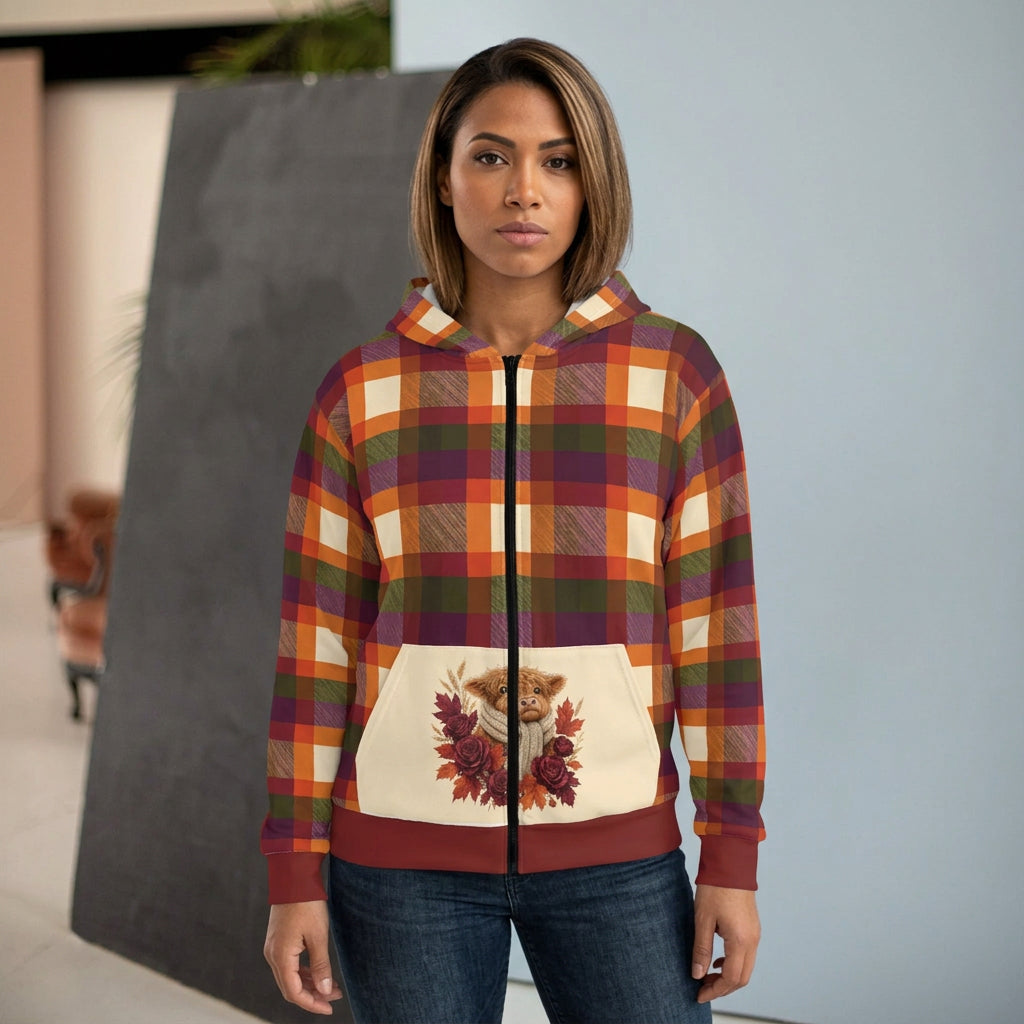 Autumn Plaid Highland Cow Floral Zip Hoodie
