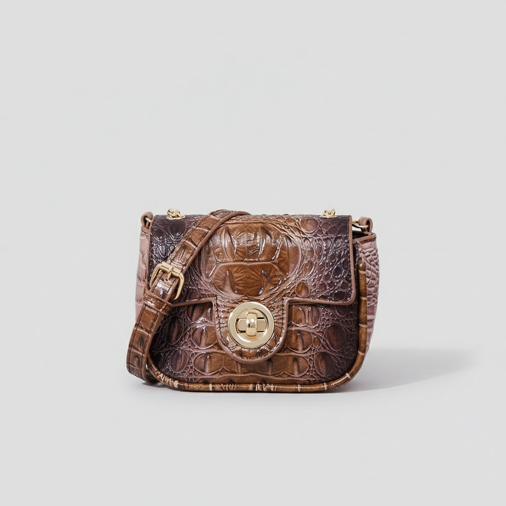 Brown textured handbag with gold clasp on a wooden surface, with text 'Random cut fabric pattern' in the corner.