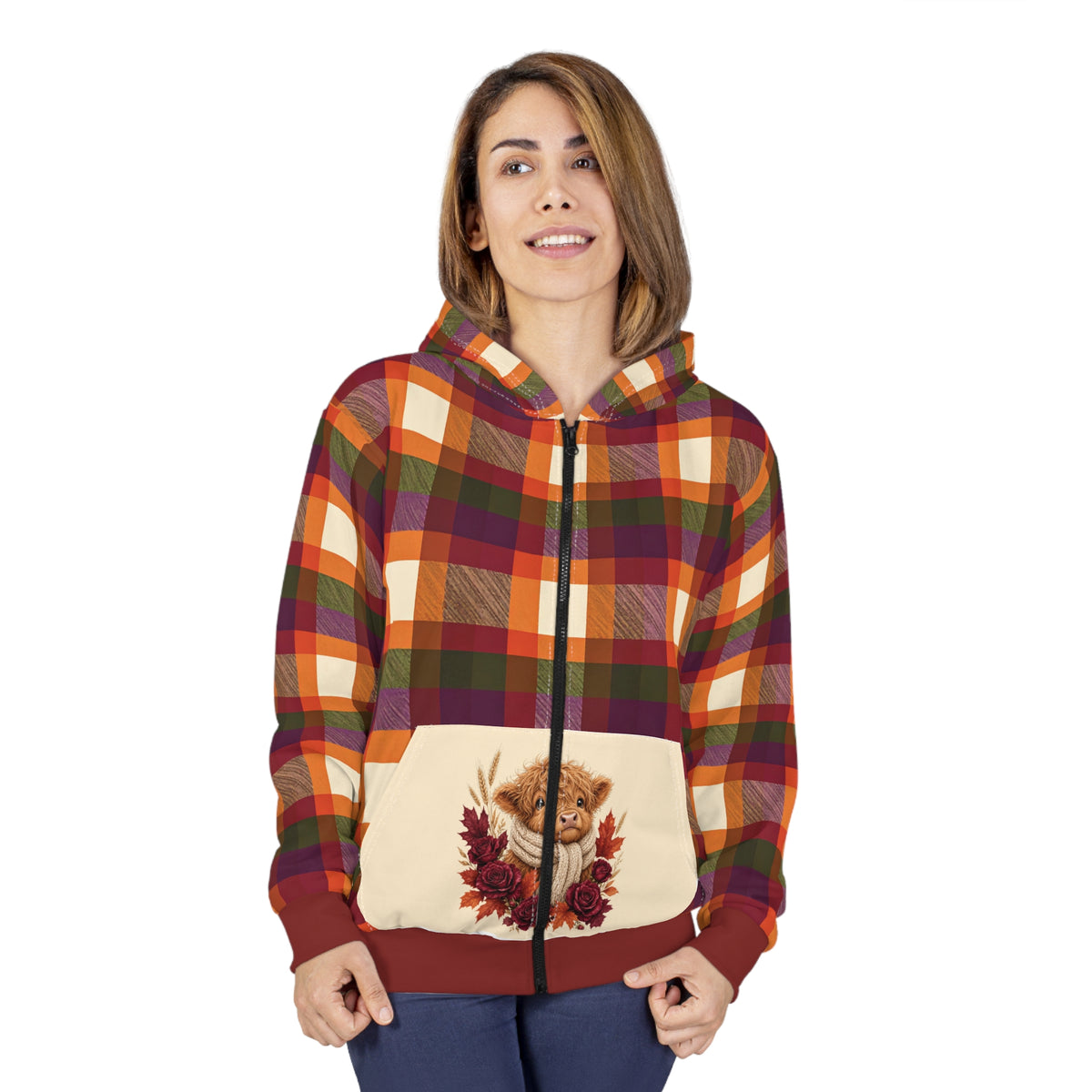 Autumn Plaid Highland Cow Floral Zip Hoodie