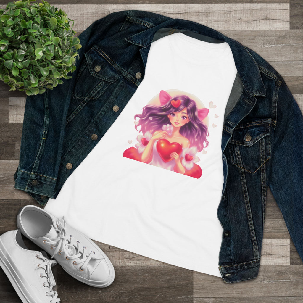 Cute Anime Girl Cotton Tee - Kawaii Heart Valentine's Shirt for Women