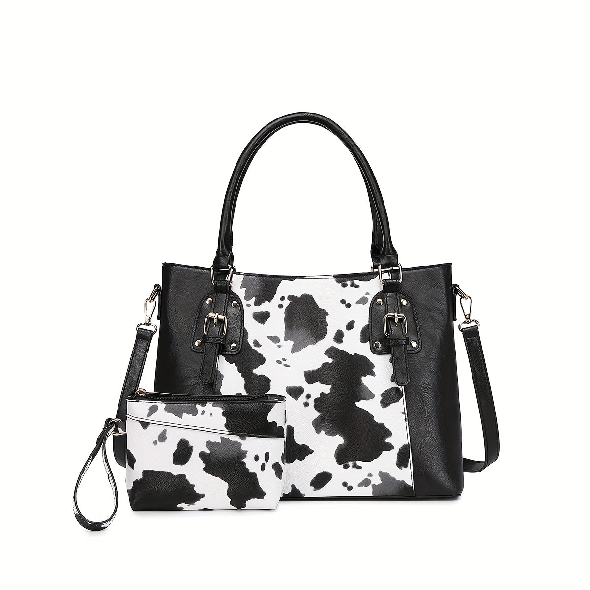 Western Bohemian Cow Print Bag Set - 2pc Totem Satchel with Removable Strap