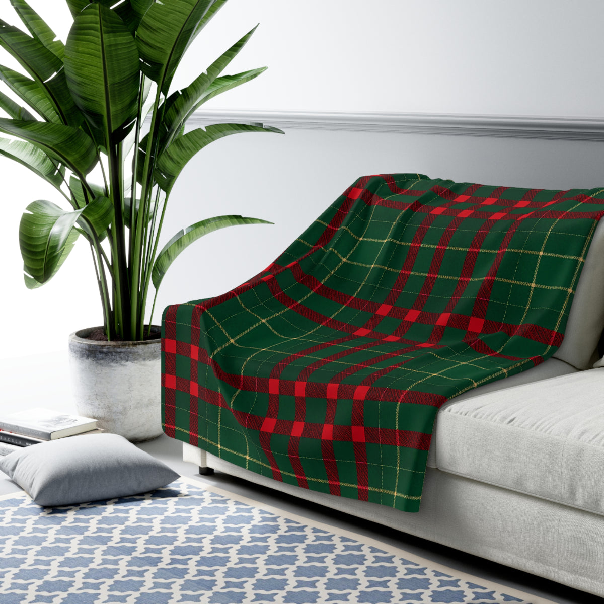 Sherpa Fleece Blanket – Cozy Green and Red Tartan Plaid Christmas Throw