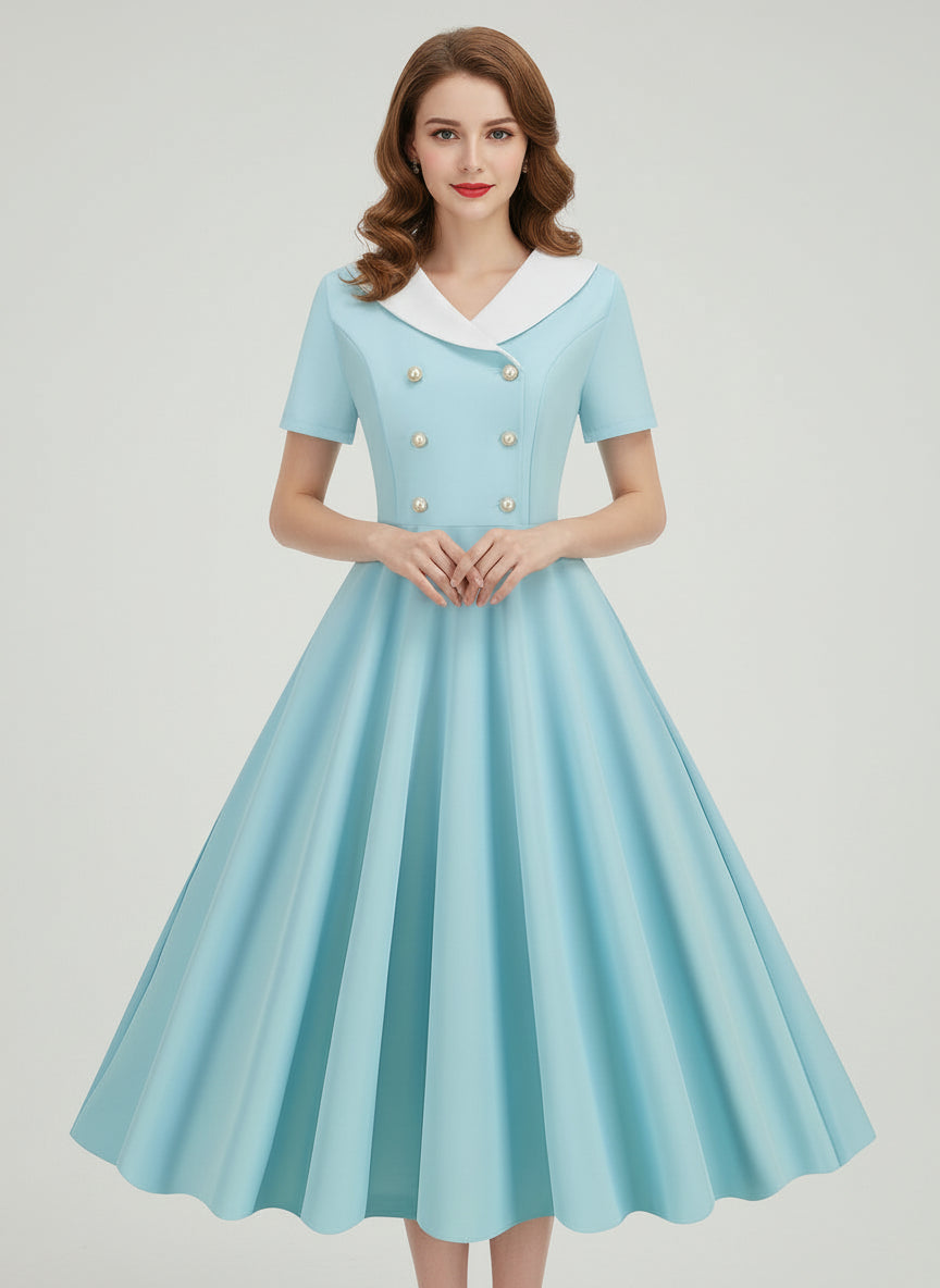 Light blue dress with white collar and buttons on a white background