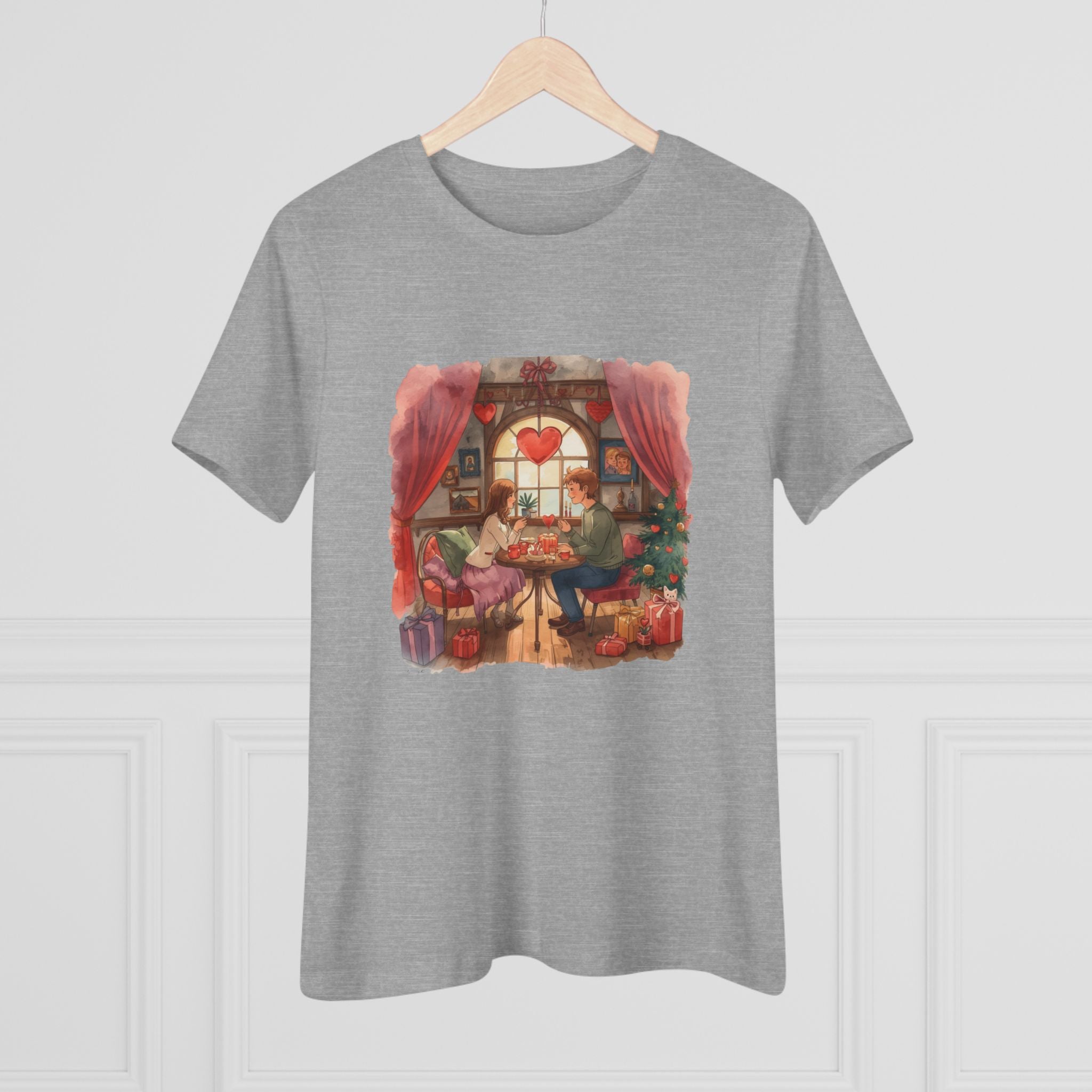 Cozy Tea Room Cotton Tee - Romantic Heart Window Illustration Shirt for Women